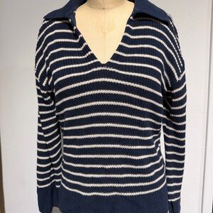 J. Crew Blue Knit Women’s Cotton Sweater XS Navy Blue Sailor Collar Striped